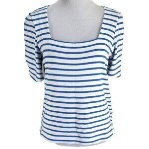 Lands End Knit Top Womens Size M Blue White Stripe Square Neck Short Sleeve